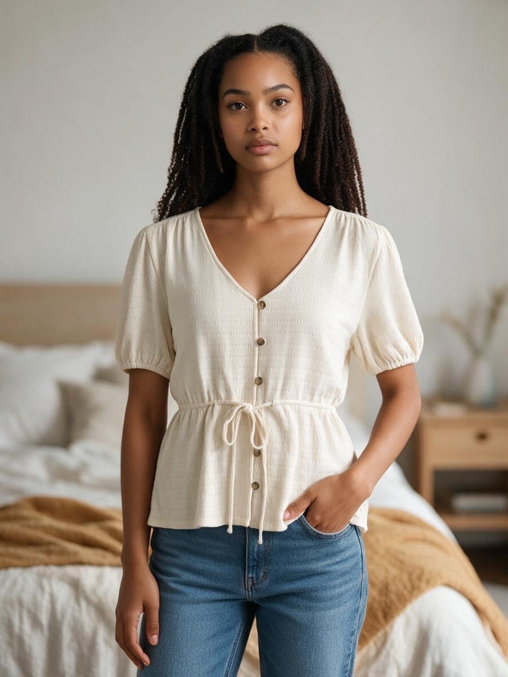 Madewell Puff-Sleeve Drawstring Top Textured Peplum Blouse in Cream Medium